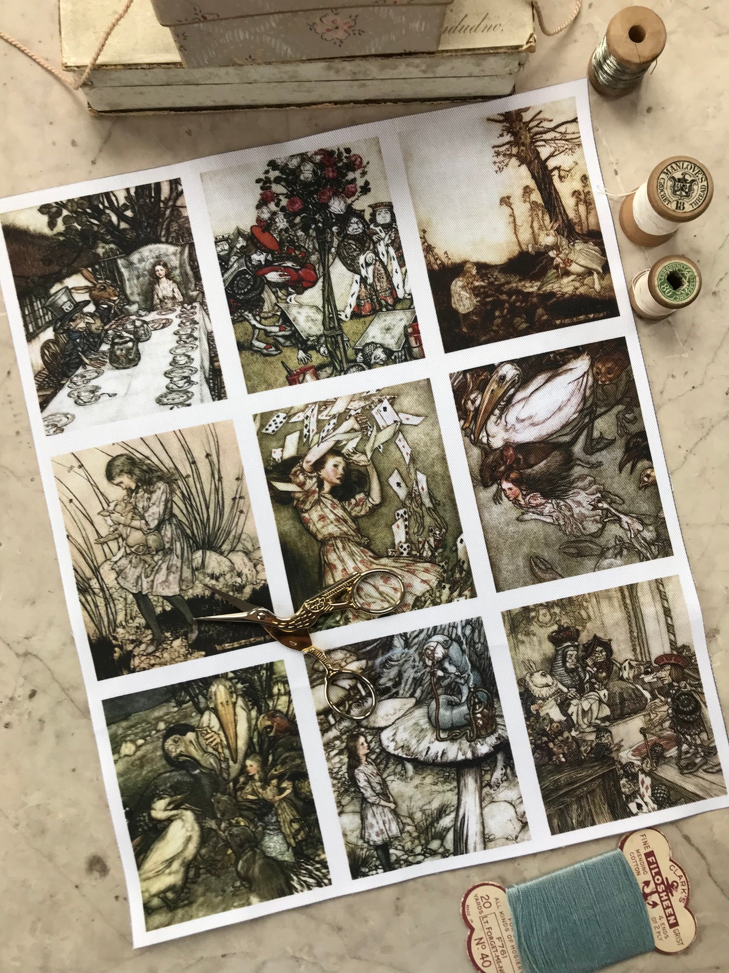 9 x MINI Vintage Art Fabric Prints | Alice in Wonderland | NEW LUXURY FABRIC