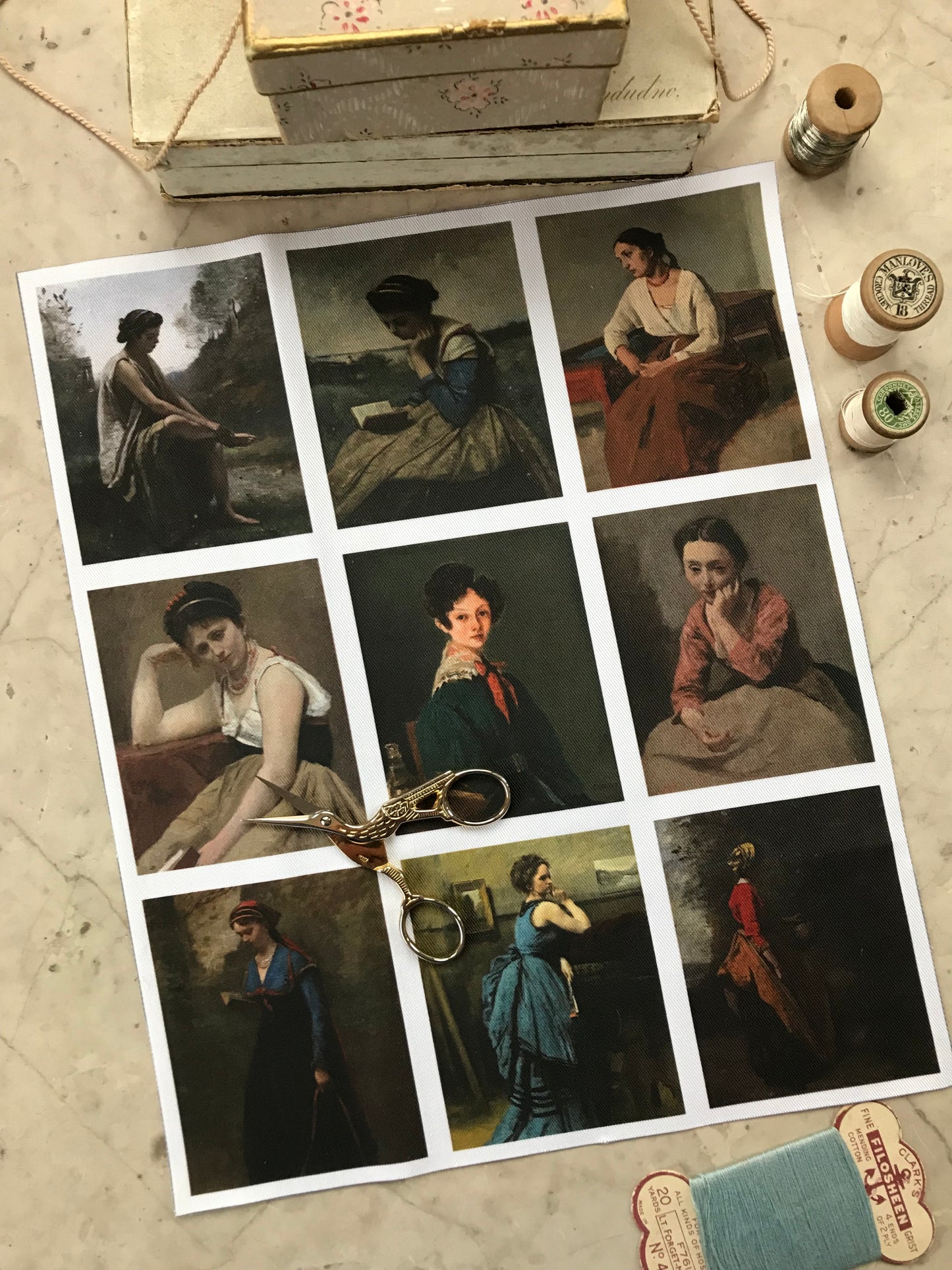 9 x MINI Vintage Art Fabric Prints | Jean Baptiste Camille Corot Portraits