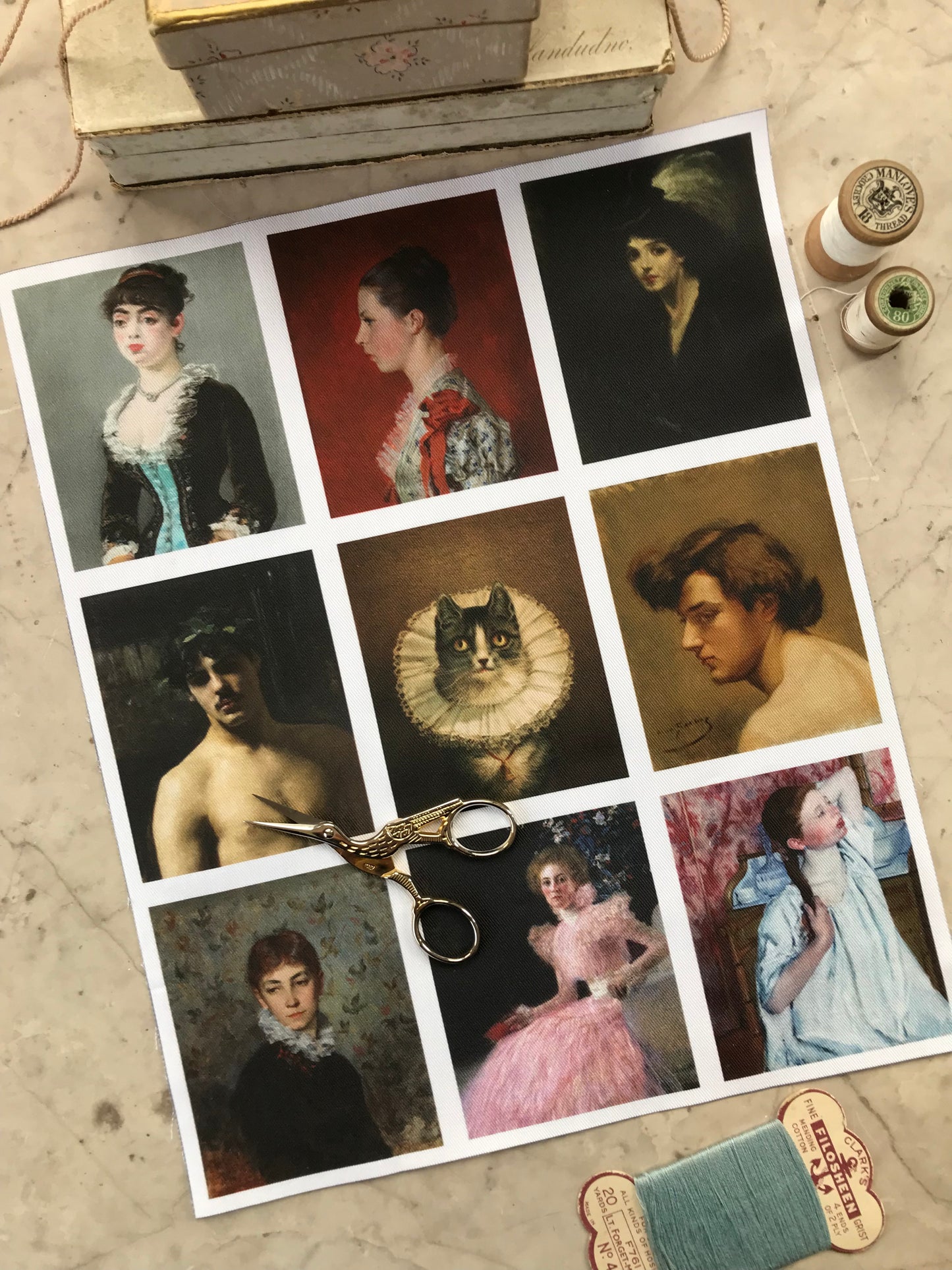 9 x MINI Vintage Art Fabric Prints | 19th Century Portraits Three | NEW LUXURY FABRIC