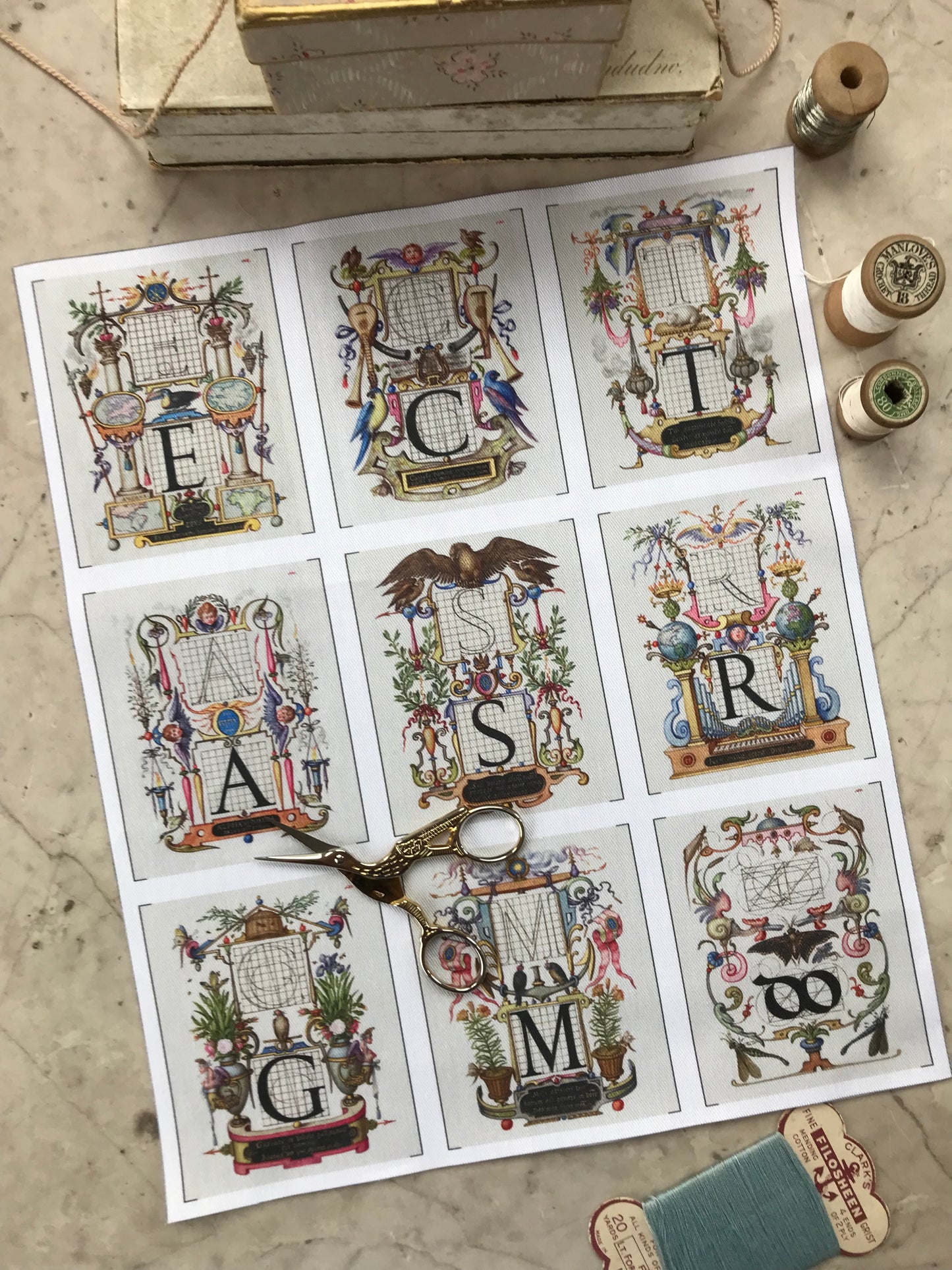 9 x MINI Vintage Art Fabric Prints | 16th Century Letters | NEW LUXURY FABRIC