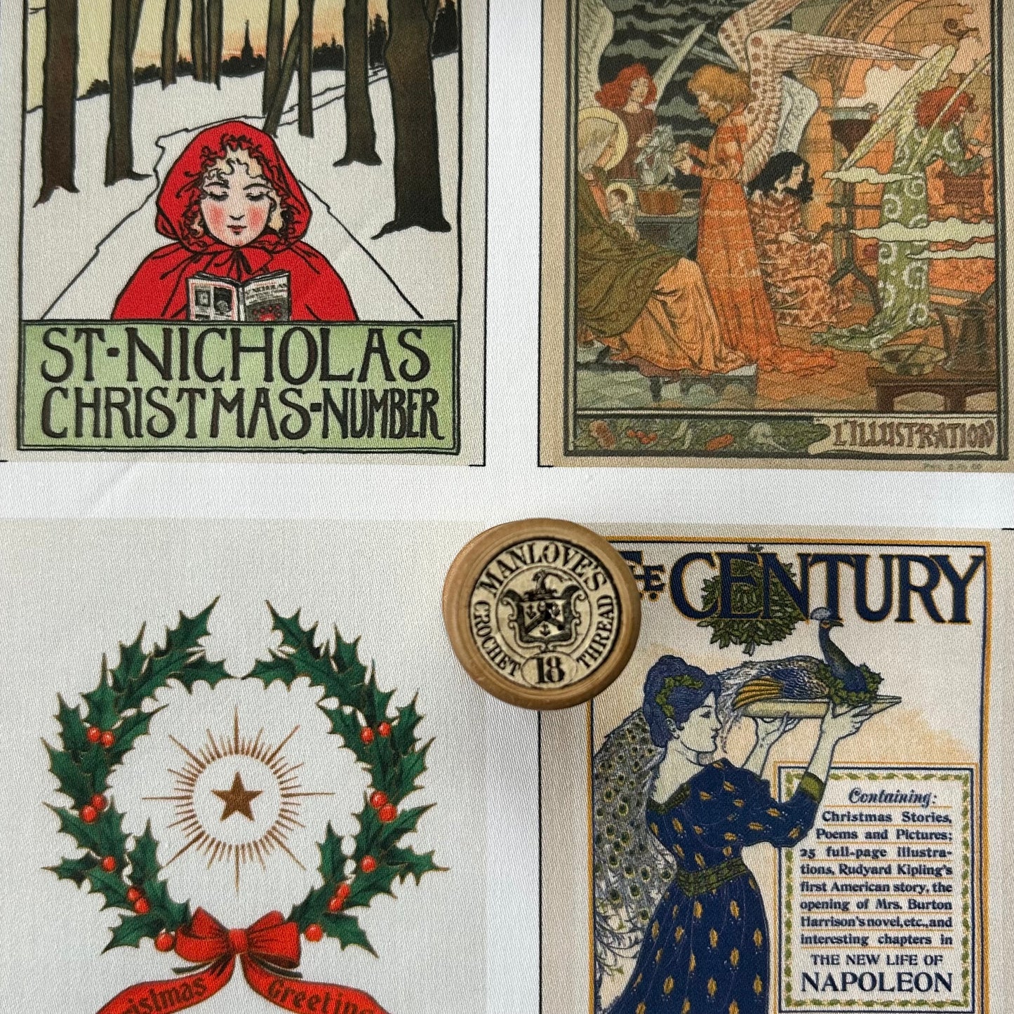 Set of 9 Mini Vintage Art Fabric Prints | Festive Illustrations