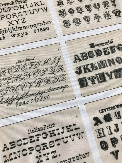Set of 9 Mini Vintage Art Fabric Prints | Draughtman's Letters