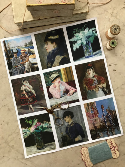 Set of 9 Mini Vintage Art Fabric Prints | Manet