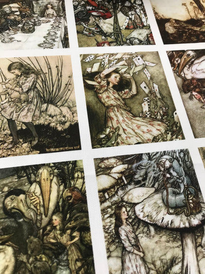 Set of 9 Mini Vintage Art Fabric Prints | Alice in Wonderland