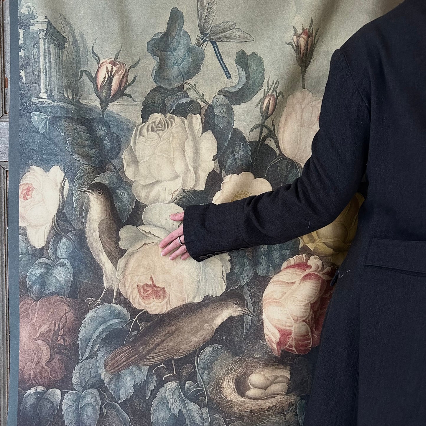 Vintage Art Textile Panel | Roses, Birds & Dragonfly