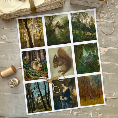 Set of 9 Mini Vintage Art Fabric Prints | Woodland