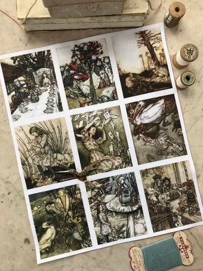 Set of 9 Mini Vintage Art Fabric Prints | Alice in Wonderland