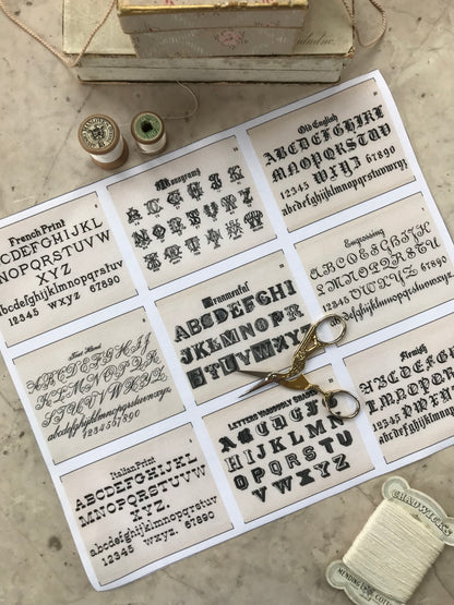 Set of 9 Mini Vintage Art Fabric Prints | Draughtman's Letters