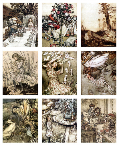Set of 9 Mini Vintage Art Fabric Prints | Alice in Wonderland