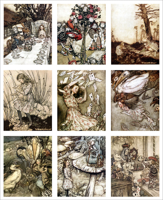 9 x MINI Vintage Art Fabric Prints | Alice in Wonderland