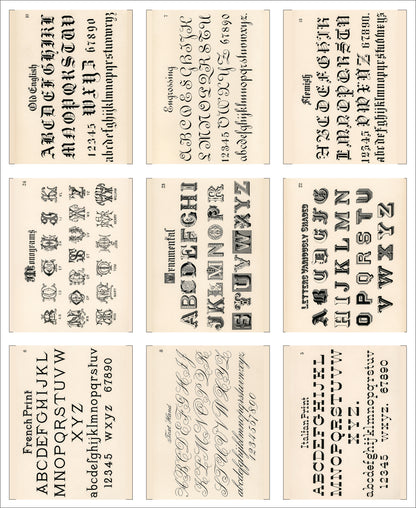 Set of 9 Mini Vintage Art Fabric Prints | Draughtman's Letters