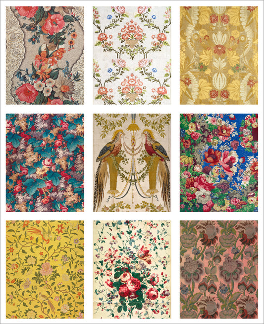 Set of 9 Mini Vintage Art Fabric Prints | Antique Wallpapers