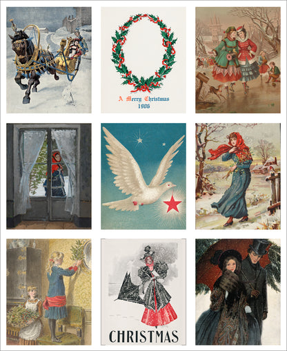 Set of 9 Mini Vintage Art Fabric Prints | Christmas
