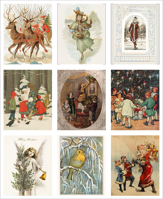 Set of 9 Mini Vintage Art Fabric Prints | Yuletide Greetings