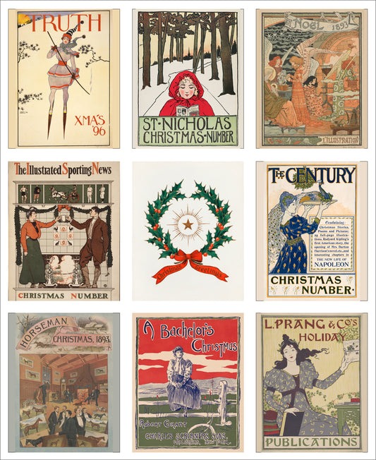 Set of 9 Mini Vintage Art Fabric Prints | Festive Illustrations