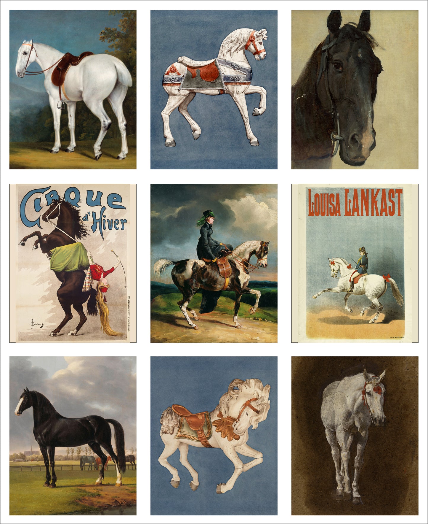 Set of 9 Mini Vintage Art Fabric Prints | Equine