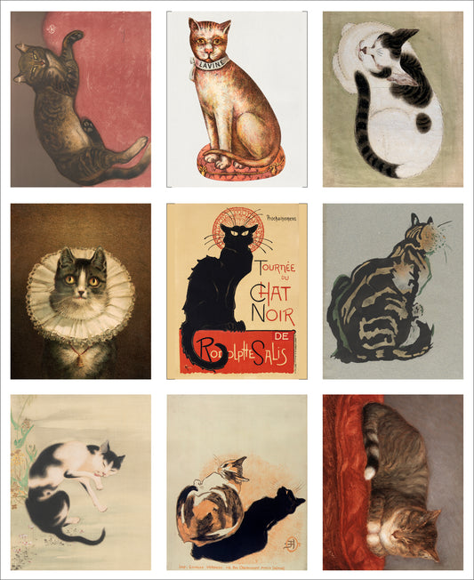 Set of 9 Mini Vintage Art Fabric Prints | Feline