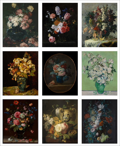Set of 9 Mini Vintage Art Fabric Prints | Floral Paintings