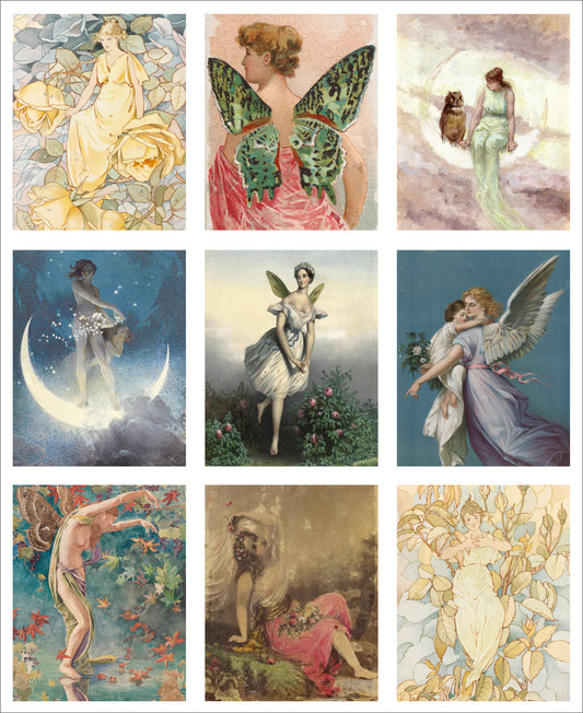 Set of 9 Mini Vintage Art Fabric Prints | Faery Tale