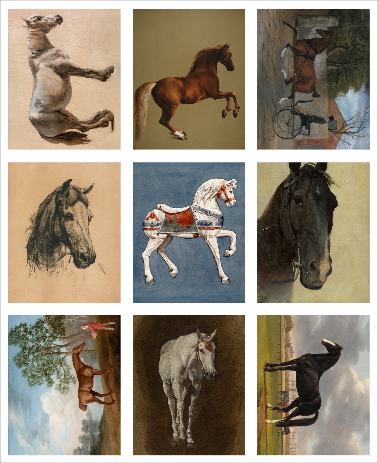 9 x MINI Vintage Art Fabric Panels | Horses