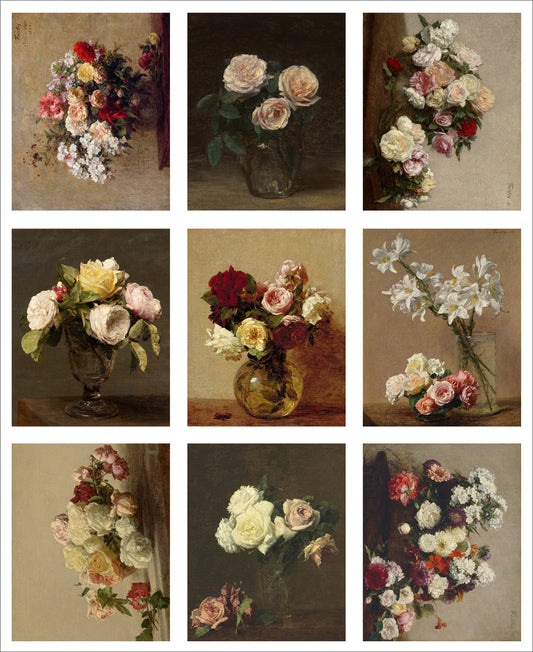 9 x MINI Vintage Art Fabric Panels | Henri Fantin-Latour Florals