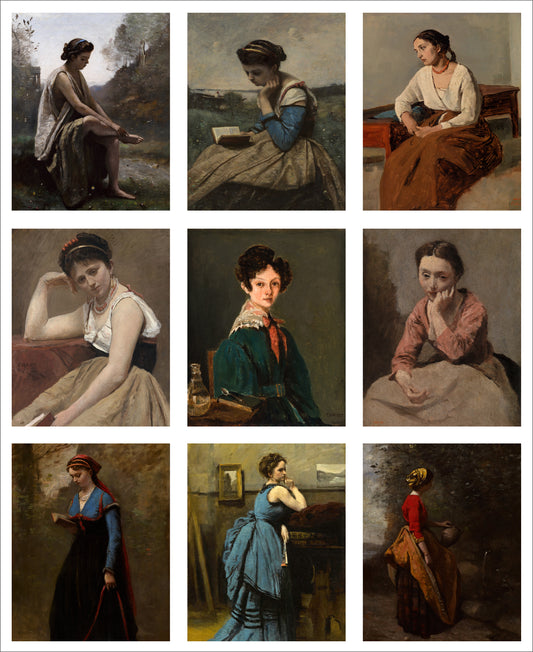 9 x MINI Vintage Art Fabric Prints | Jean Baptiste Camille Corot Portraits