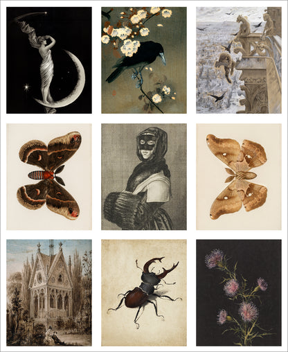 Set of 9 Mini Vintage Art Fabric Prints | Nocturne