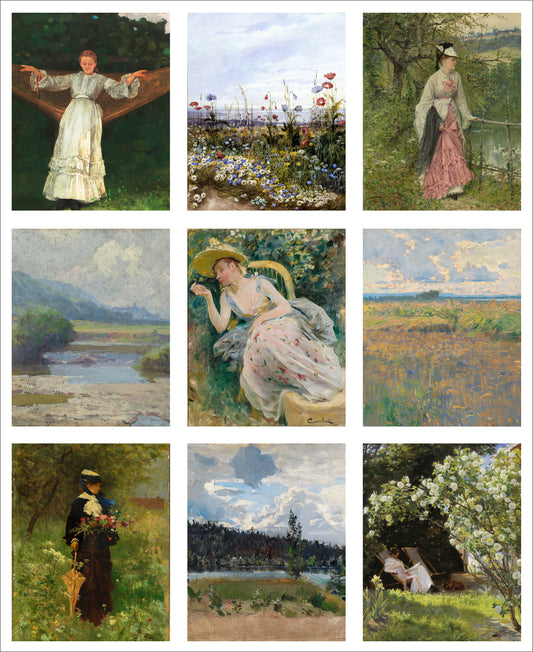 Set of 9 Mini Vintage Art Fabric Prints | Summer