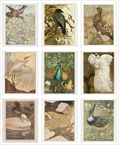 Set of 9 Mini Vintage Art Fabric Prints | Theo Van Hoytema Birds