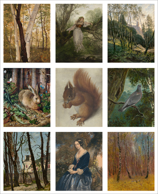 Set of 9 Mini Vintage Art Fabric Prints | Woodland