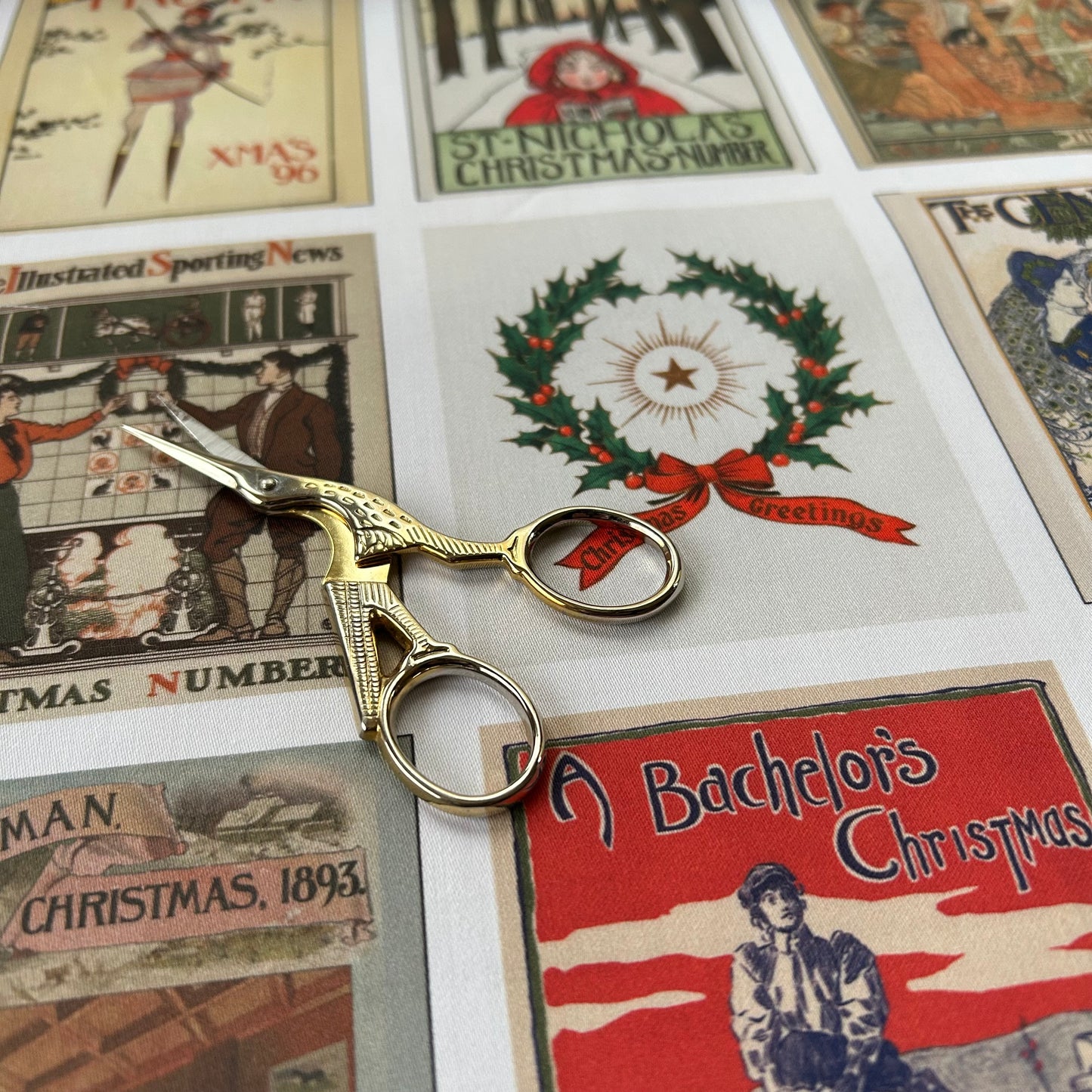 Set of 9 Mini Vintage Art Fabric Prints | Festive Illustrations