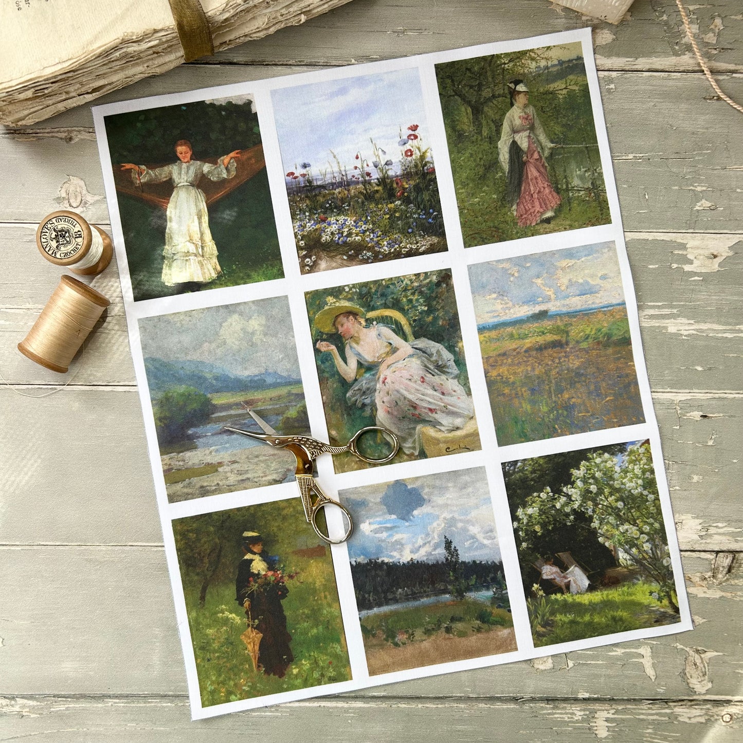 Set of 9 Mini Vintage Art Fabric Prints | Summer