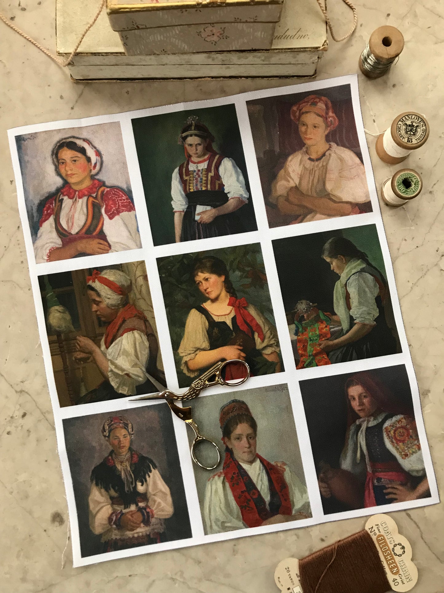 9 x MINI Vintage Art Fabric Prints | Folkloric Portraits