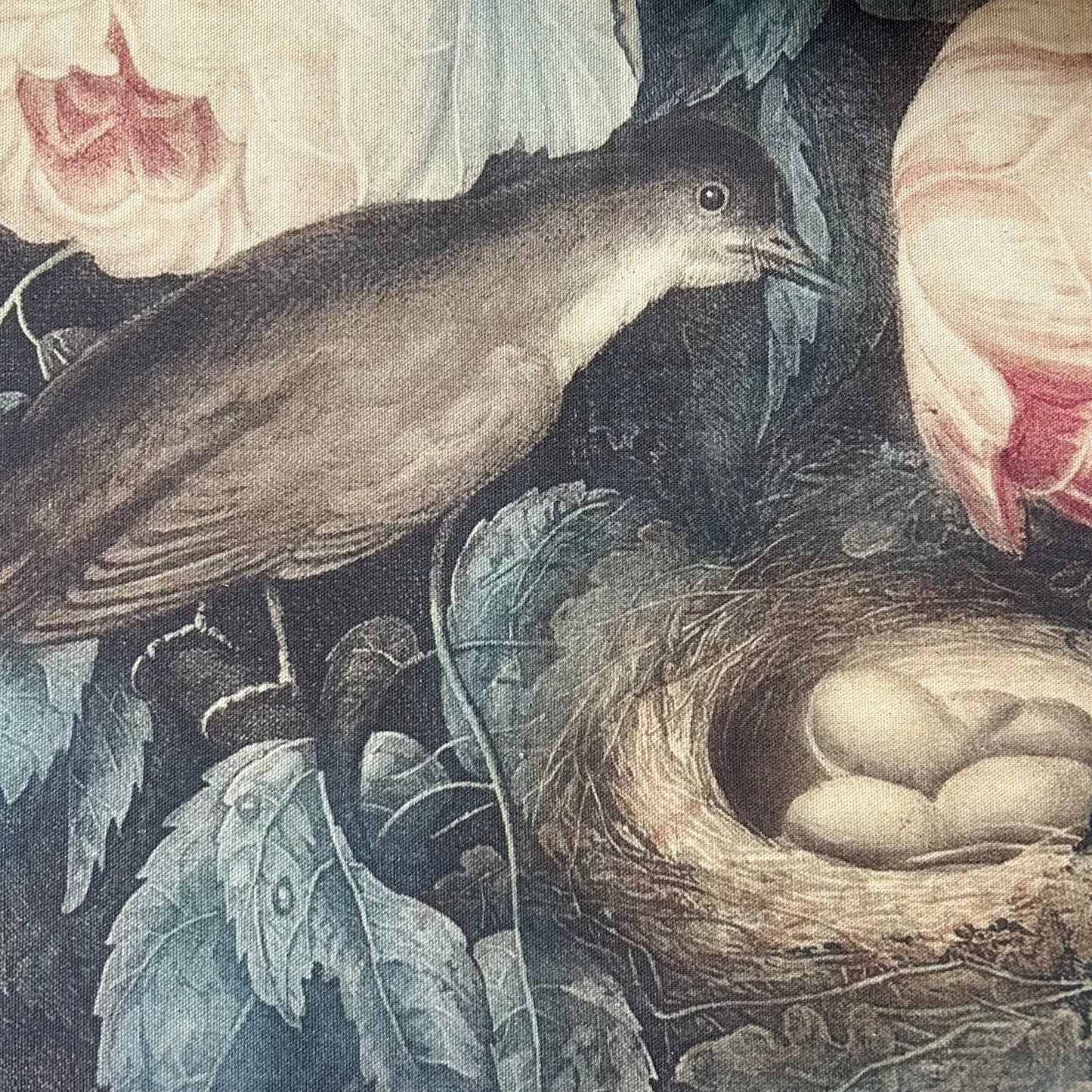 Vintage Art Textile Panel | Roses, Birds & Dragonfly