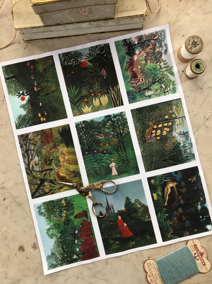 Set of 9 Mini Vintage Art Fabric Prints | Rousseau