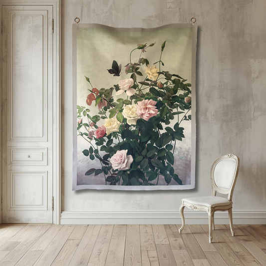 Vintage Art Textile Panel | Roses & Butterfly