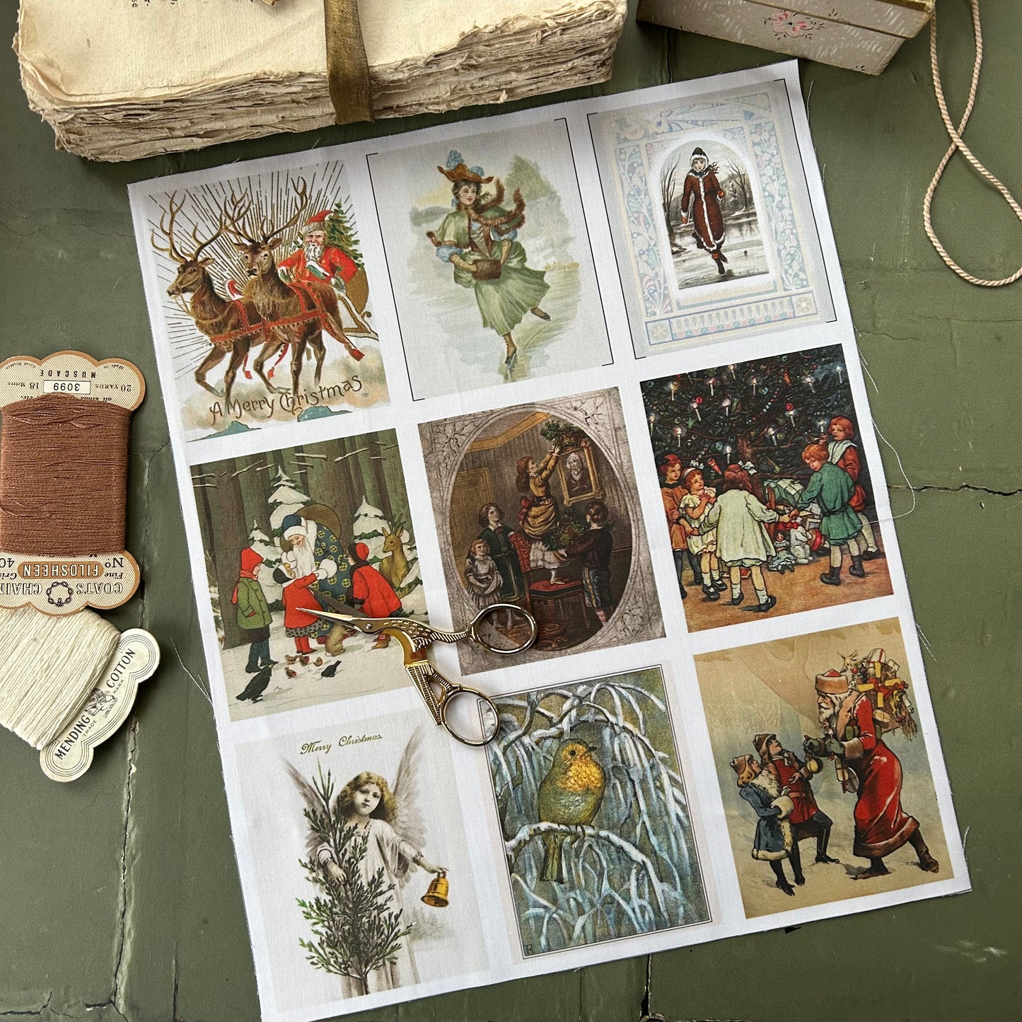Set of 9 Mini Vintage Art Fabric Prints | Yuletide Greetings