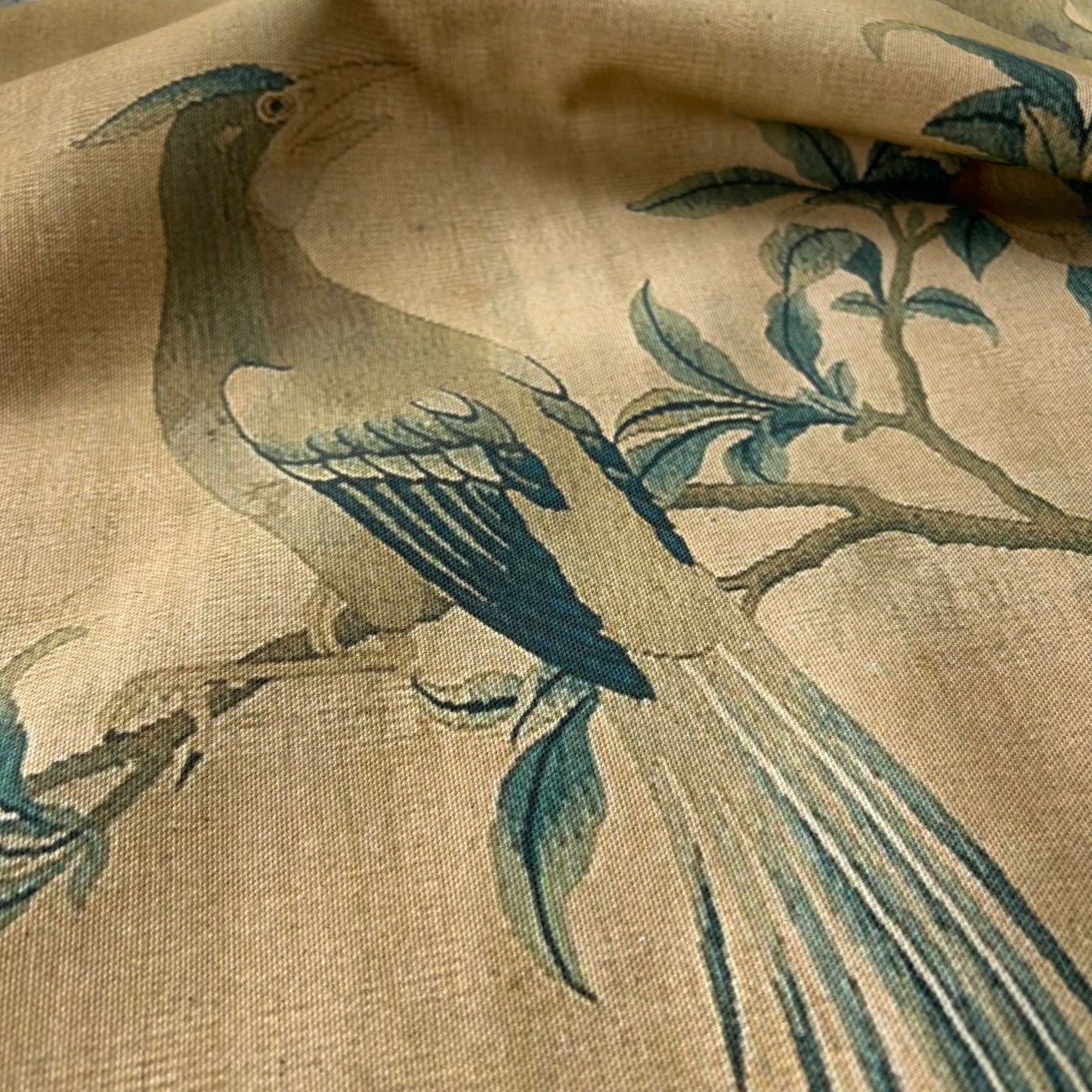 Vintage Art Textile Panel | Birds in a Peach Tree