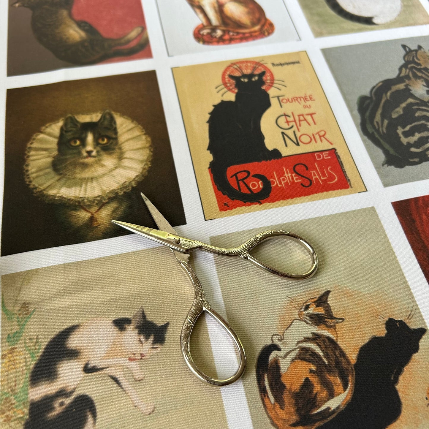 Set of 9 Mini Vintage Art Fabric Prints | Feline