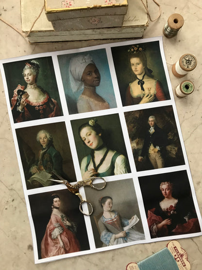 Set of 9 Mini Vintage Art Fabric Prints | 18th Century Portraits Two