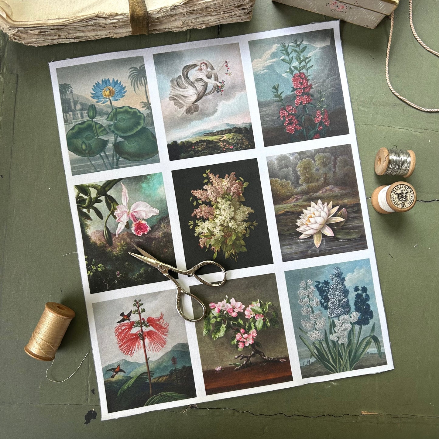 Set of 9 Mini Vintage Art Fabric Prints | Flora