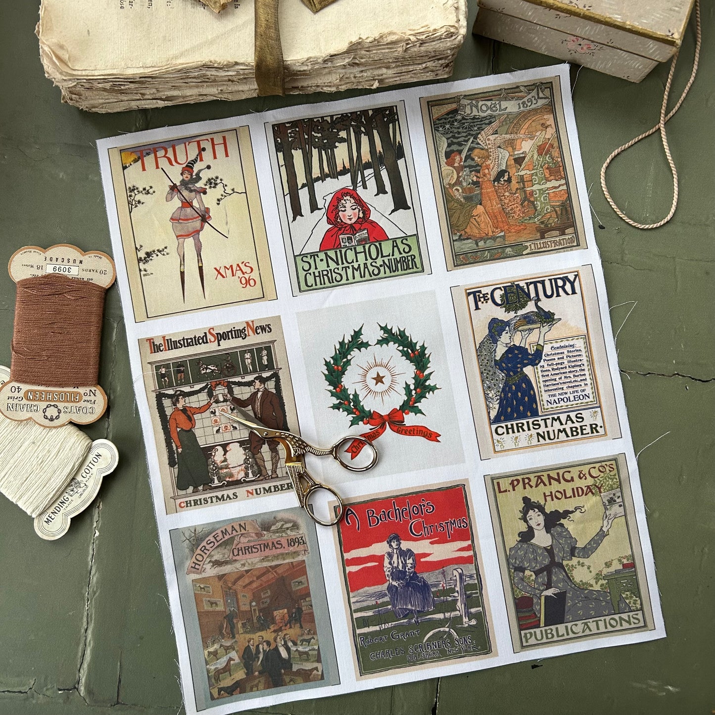 Set of 9 Mini Vintage Art Fabric Prints | Festive Illustrations