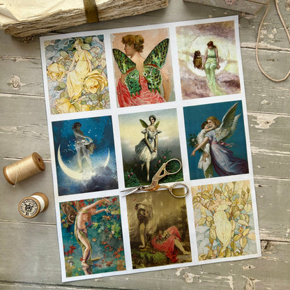 Set of 9 Mini Vintage Art Fabric Prints | Faery Tale
