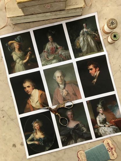 Set of 9 Mini Vintage Art Fabric Prints | 18th Century Portraits