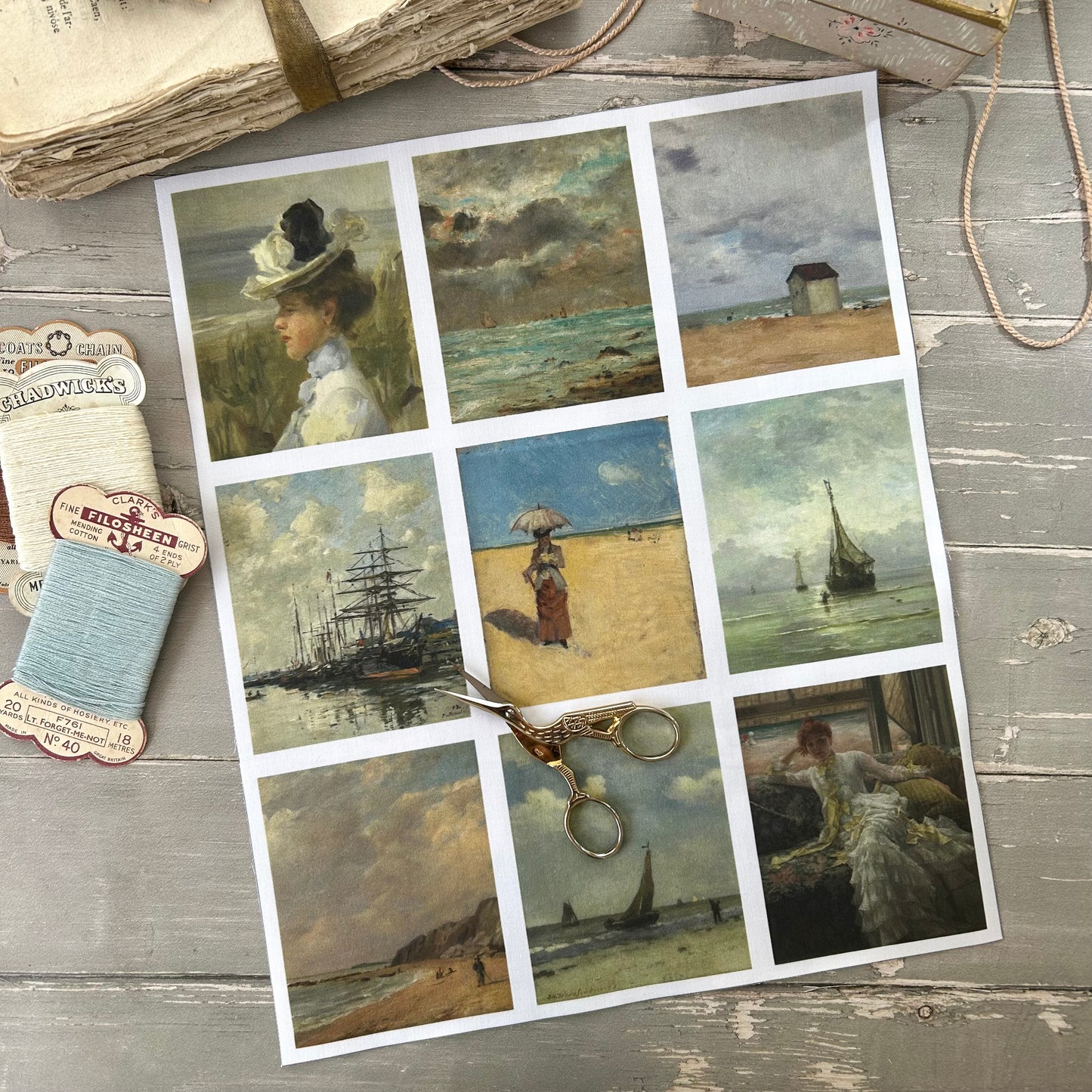 Set of 9 Mini Vintage Art Fabric Prints | Coastal
