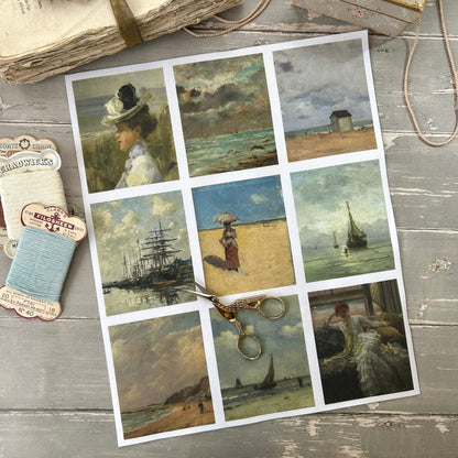 Set of 9 Mini Vintage Art Fabric Prints | Coastal