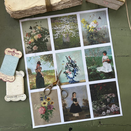 Set of 9 Mini Vintage Art Fabric Prints | Florals & Landscapes