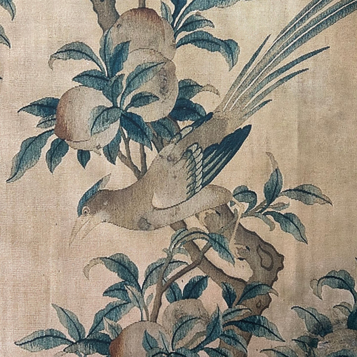 Vintage Art Textile Panel | Birds in a Peach Tree
