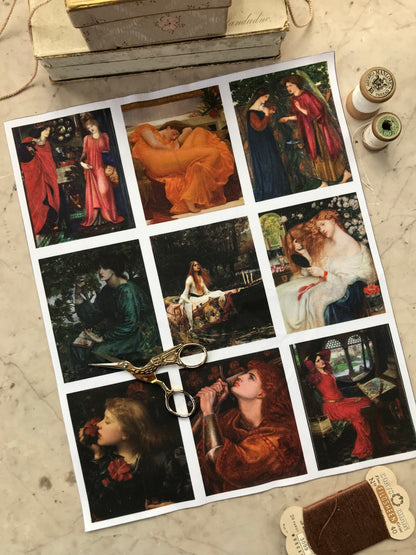 Set of 9 Mini Vintage Art Fabric Prints | Pre Raphaelite