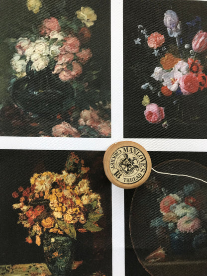 Set of 9 Mini Vintage Art Fabric Prints | Floral Paintings